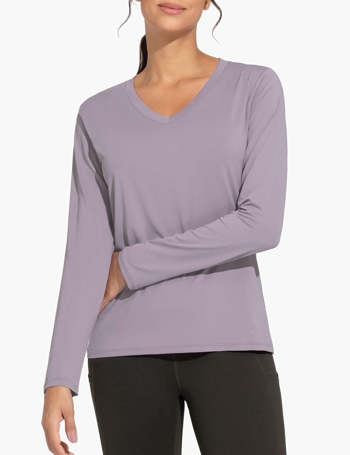 imageTHE GYM PEOPLE Womens Long Sleeve Workout Shirts VNeck Lightweight Basic Athletic TopsGrey Purple