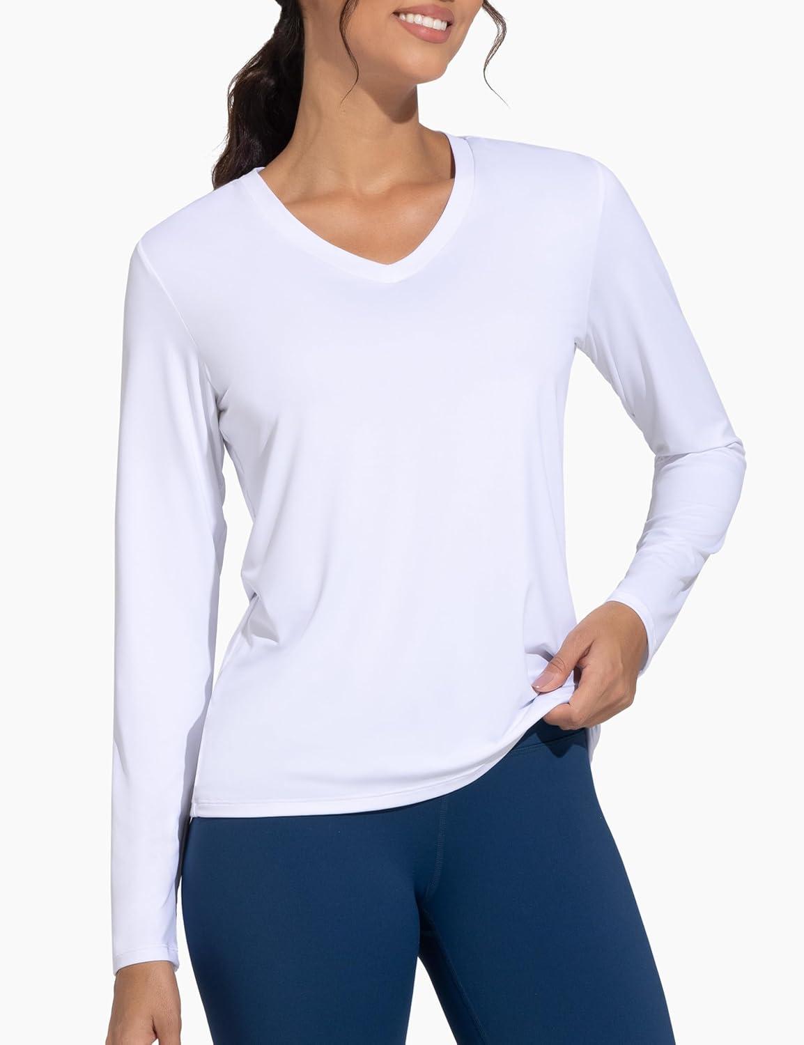 imageTHE GYM PEOPLE Womens Long Sleeve Workout Shirts VNeck Lightweight Basic Athletic TopsWhite