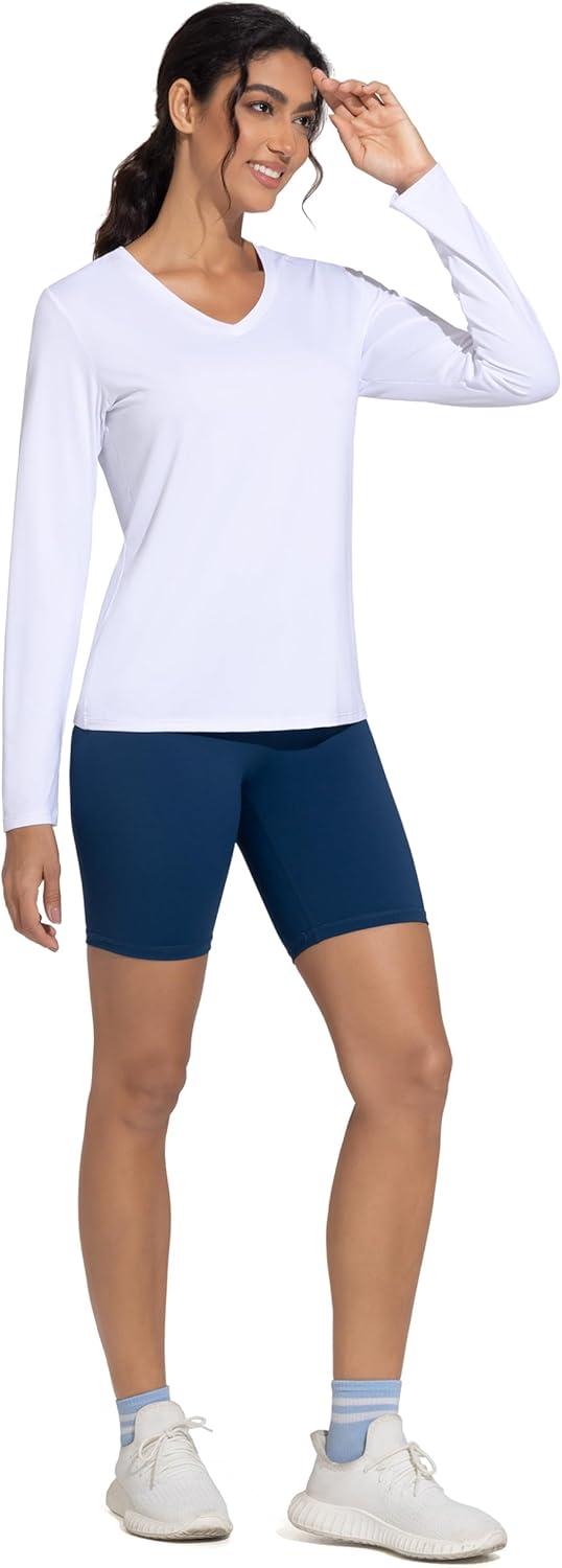 imageTHE GYM PEOPLE Womens Long Sleeve Workout Shirts VNeck Lightweight Basic Athletic TopsWhite