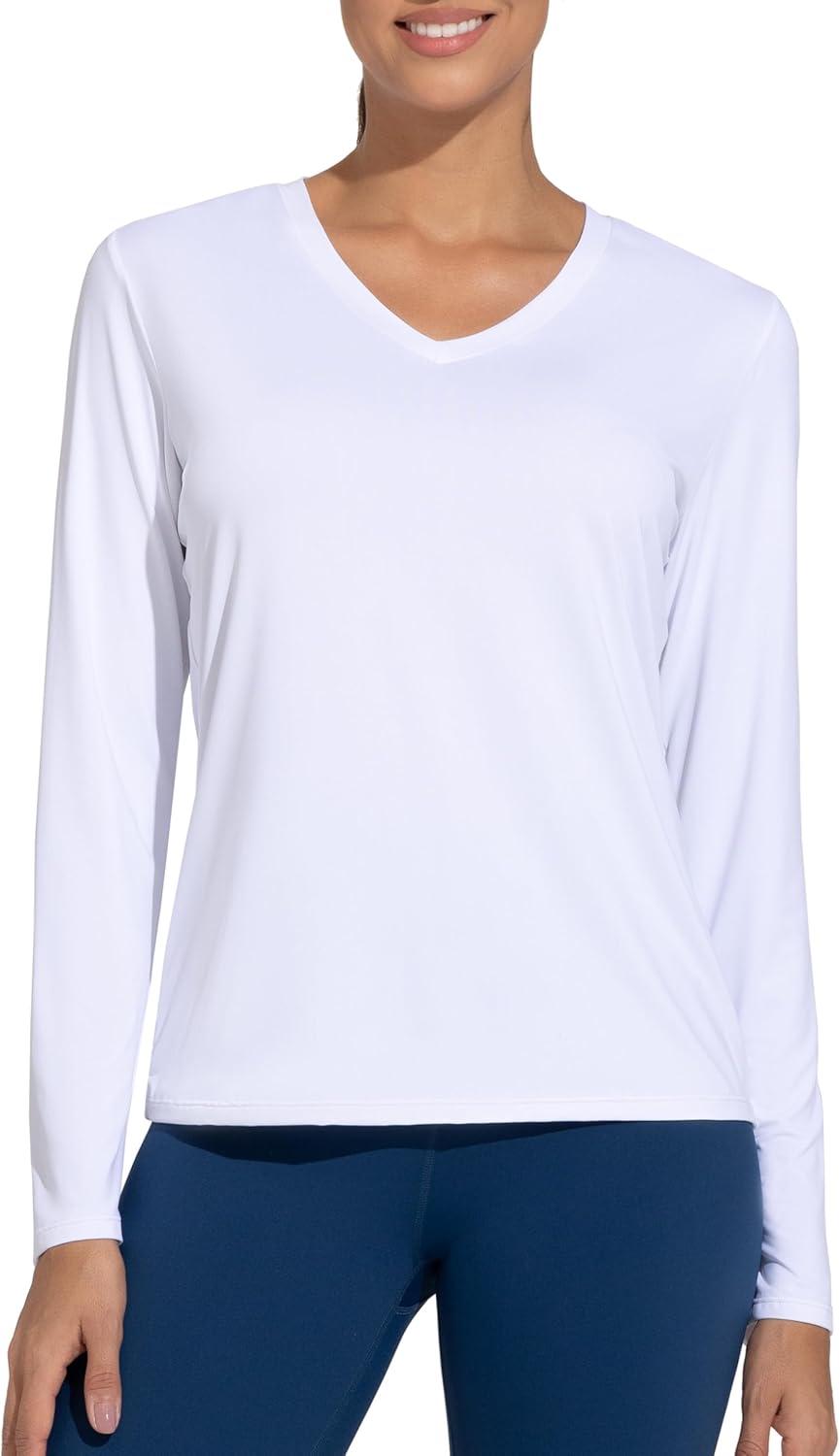 imageTHE GYM PEOPLE Womens Long Sleeve Workout Shirts VNeck Lightweight Basic Athletic TopsWhite