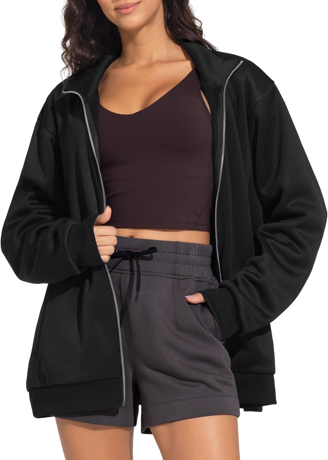 imageTHE GYM PEOPLE Womens Oversized Full Zip Up Sweatshirts Fleece Long Sleeves Stand Collar Workout Jacket with PocketsBlack