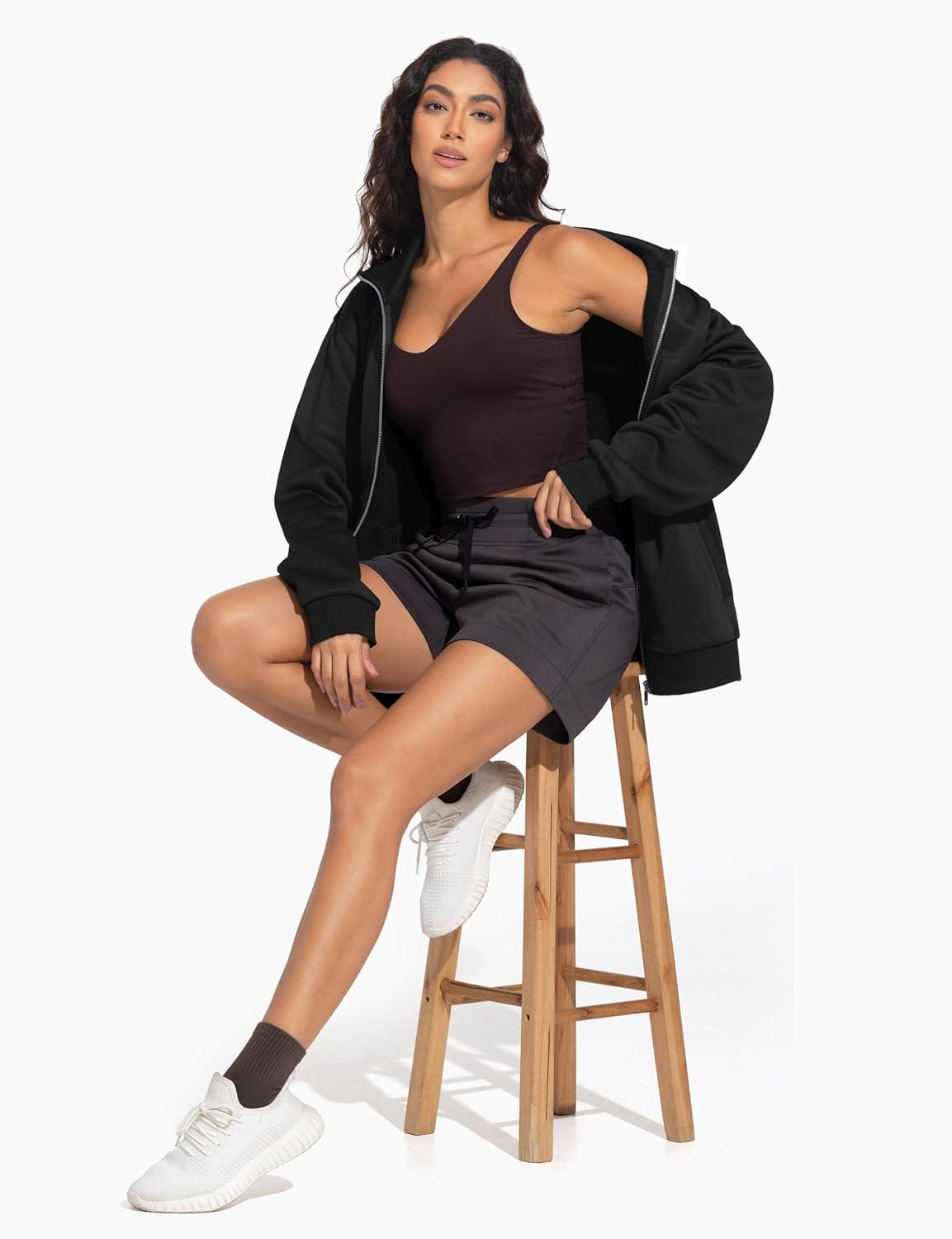 imageTHE GYM PEOPLE Womens Oversized Full Zip Up Sweatshirts Fleece Long Sleeves Stand Collar Workout Jacket with PocketsBlack