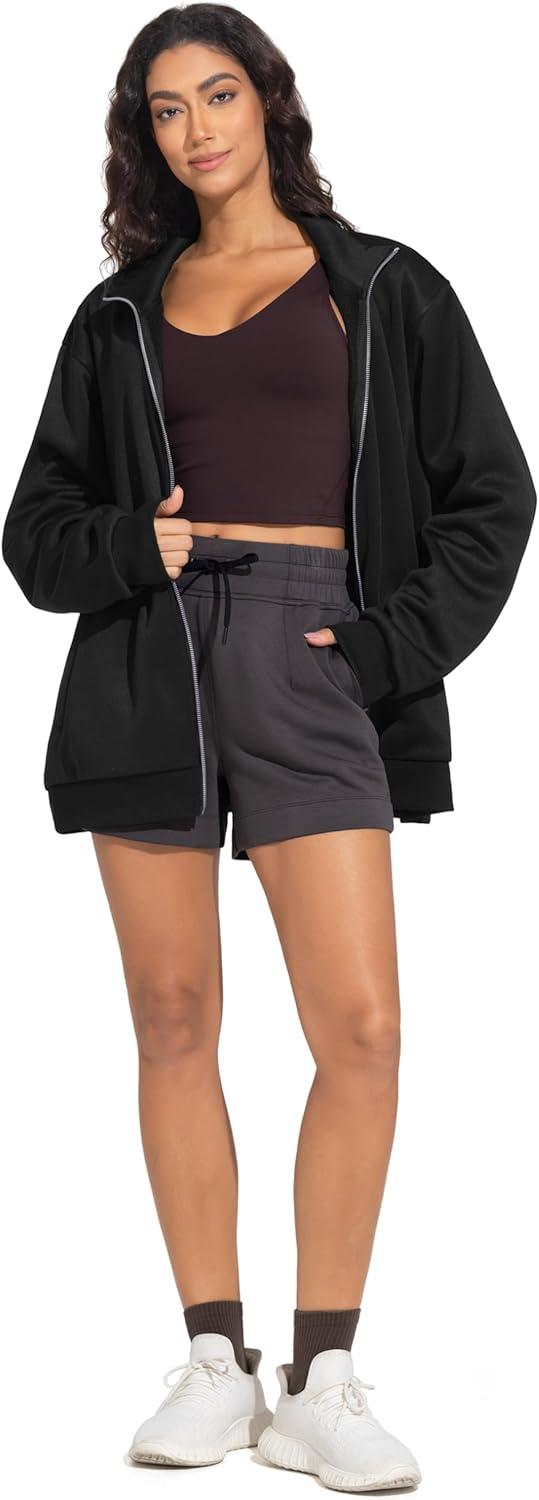 imageTHE GYM PEOPLE Womens Oversized Full Zip Up Sweatshirts Fleece Long Sleeves Stand Collar Workout Jacket with PocketsBlack