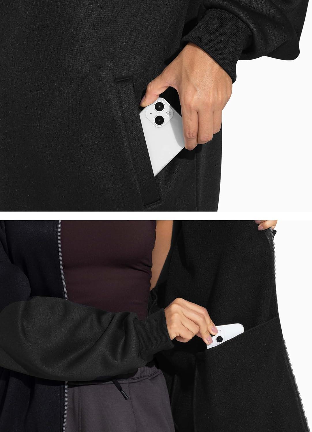 imageTHE GYM PEOPLE Womens Oversized Full Zip Up Sweatshirts Fleece Long Sleeves Stand Collar Workout Jacket with PocketsBlack