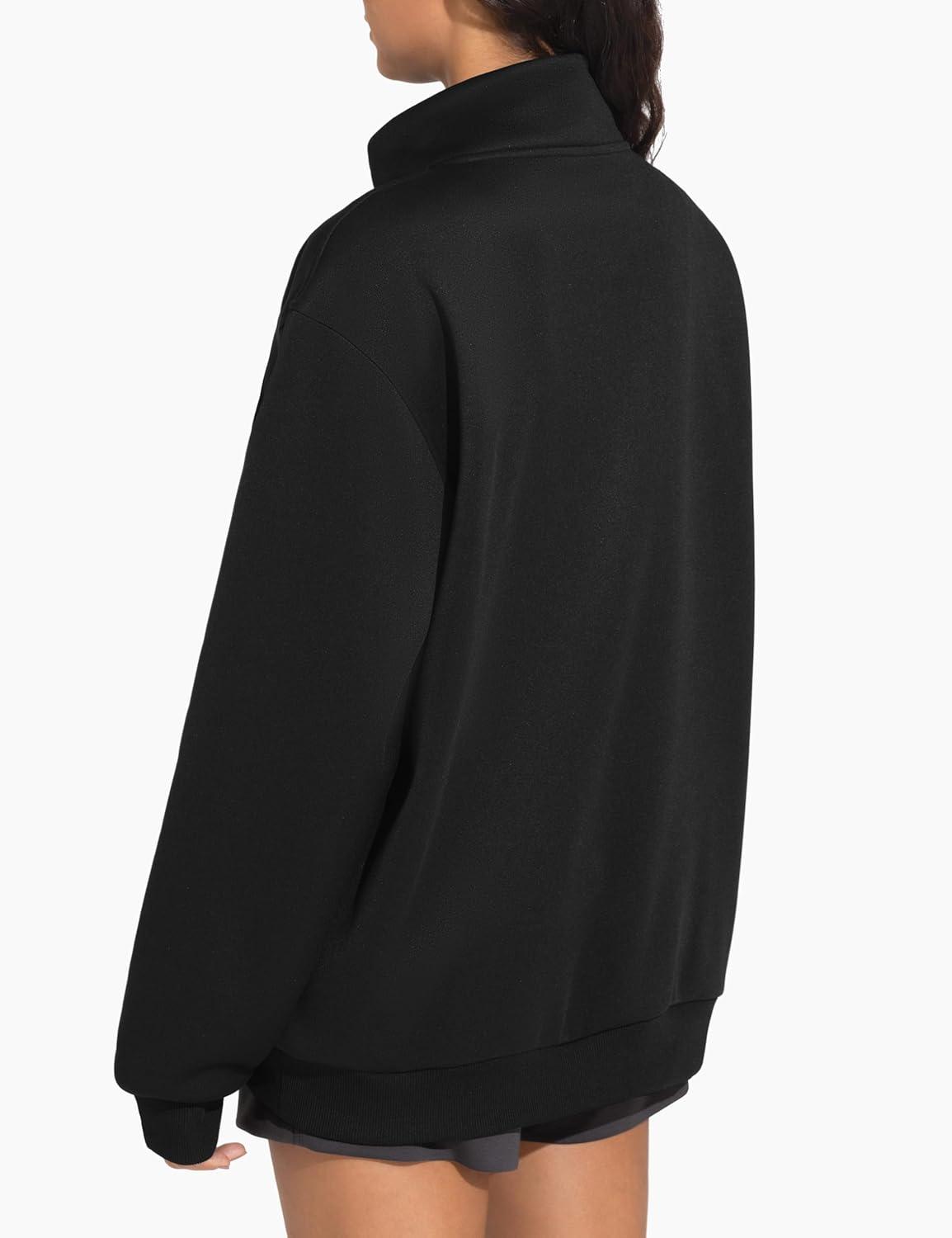 imageTHE GYM PEOPLE Womens Oversized Full Zip Up Sweatshirts Fleece Long Sleeves Stand Collar Workout Jacket with PocketsBlack