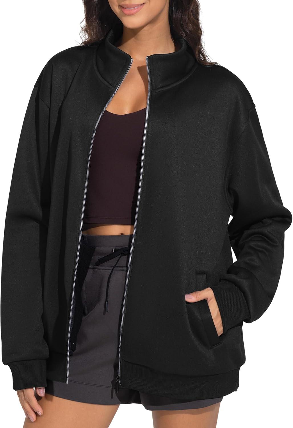 imageTHE GYM PEOPLE Womens Oversized Full Zip Up Sweatshirts Fleece Long Sleeves Stand Collar Workout Jacket with PocketsBlack