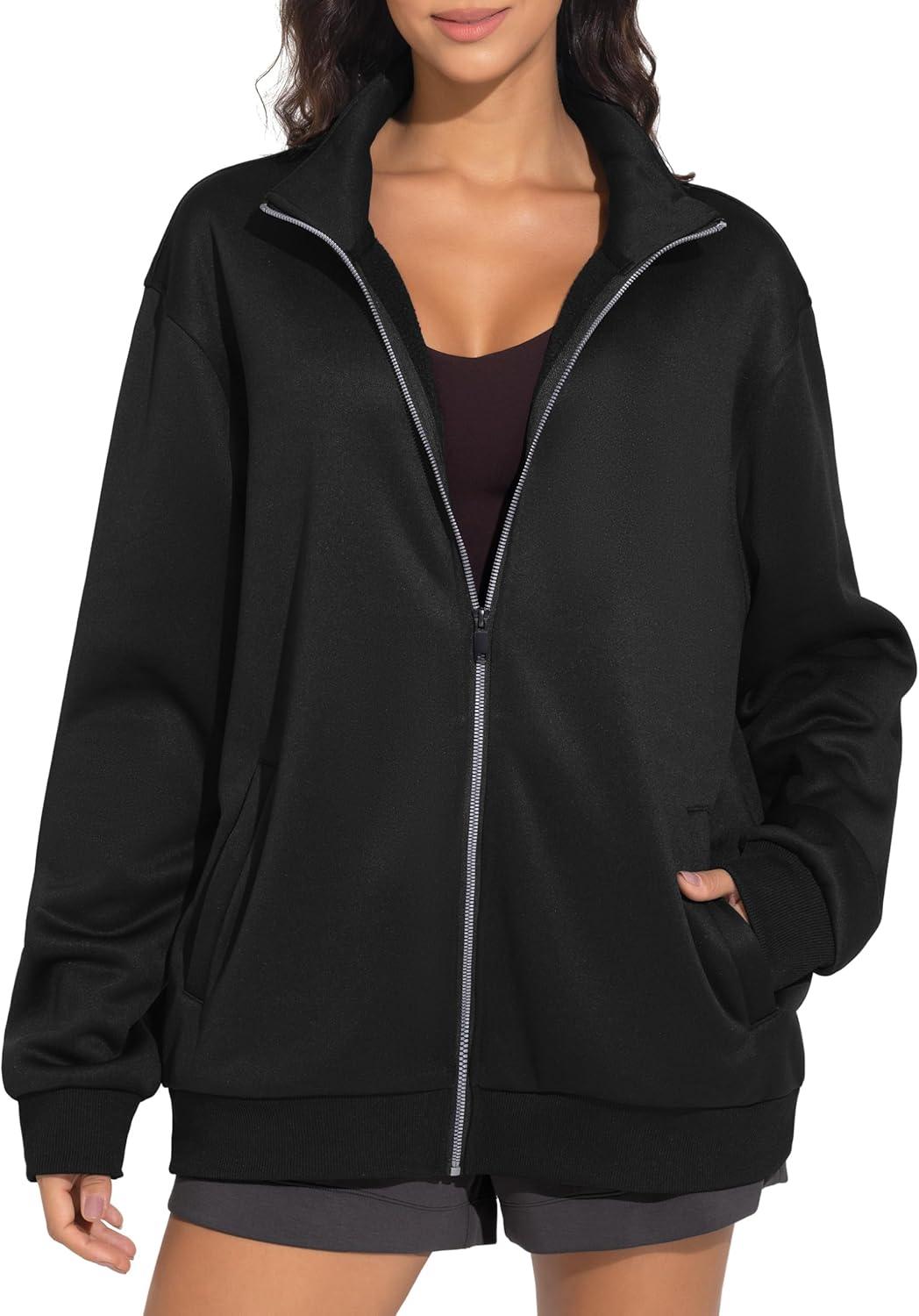 imageTHE GYM PEOPLE Womens Oversized Full Zip Up Sweatshirts Fleece Long Sleeves Stand Collar Workout Jacket with PocketsBlack
