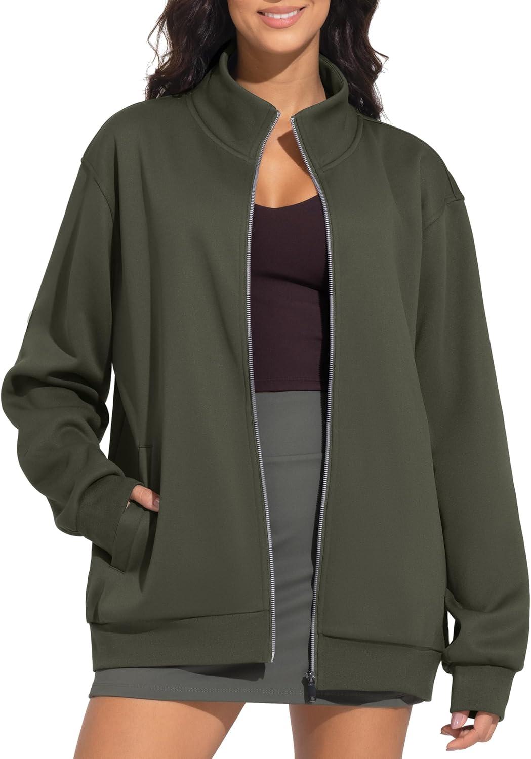 imageTHE GYM PEOPLE Womens Oversized Full Zip Up Sweatshirts Fleece Long Sleeves Stand Collar Workout Jacket with PocketsDark Brown