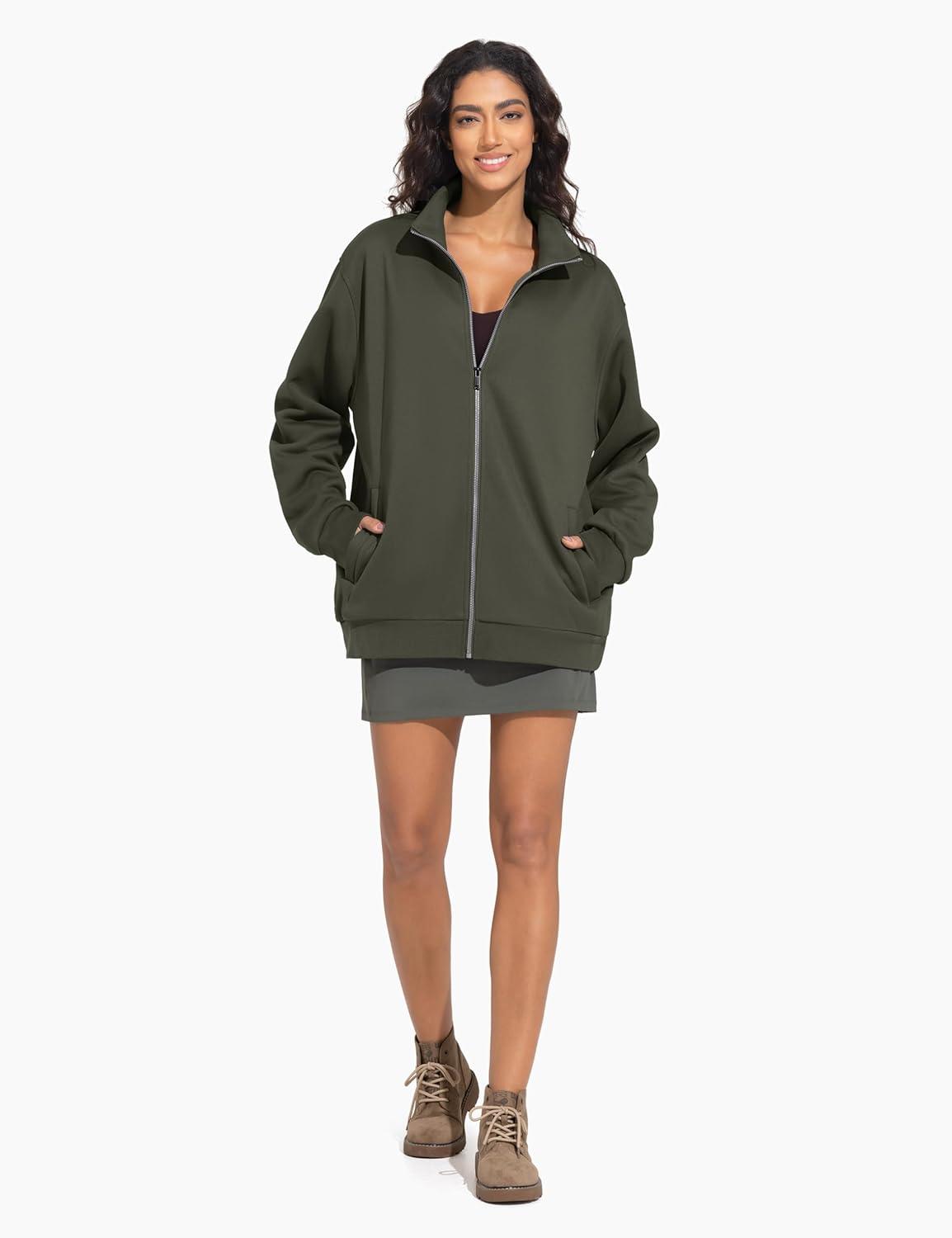 imageTHE GYM PEOPLE Womens Oversized Full Zip Up Sweatshirts Fleece Long Sleeves Stand Collar Workout Jacket with PocketsDark Brown