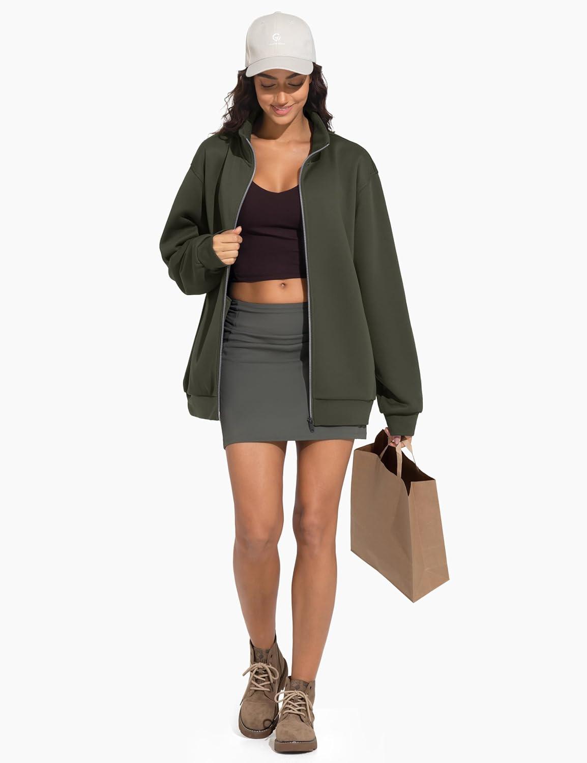 imageTHE GYM PEOPLE Womens Oversized Full Zip Up Sweatshirts Fleece Long Sleeves Stand Collar Workout Jacket with PocketsDark Brown