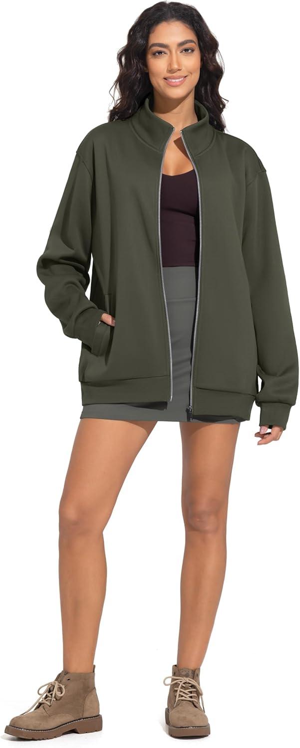 imageTHE GYM PEOPLE Womens Oversized Full Zip Up Sweatshirts Fleece Long Sleeves Stand Collar Workout Jacket with PocketsDark Brown