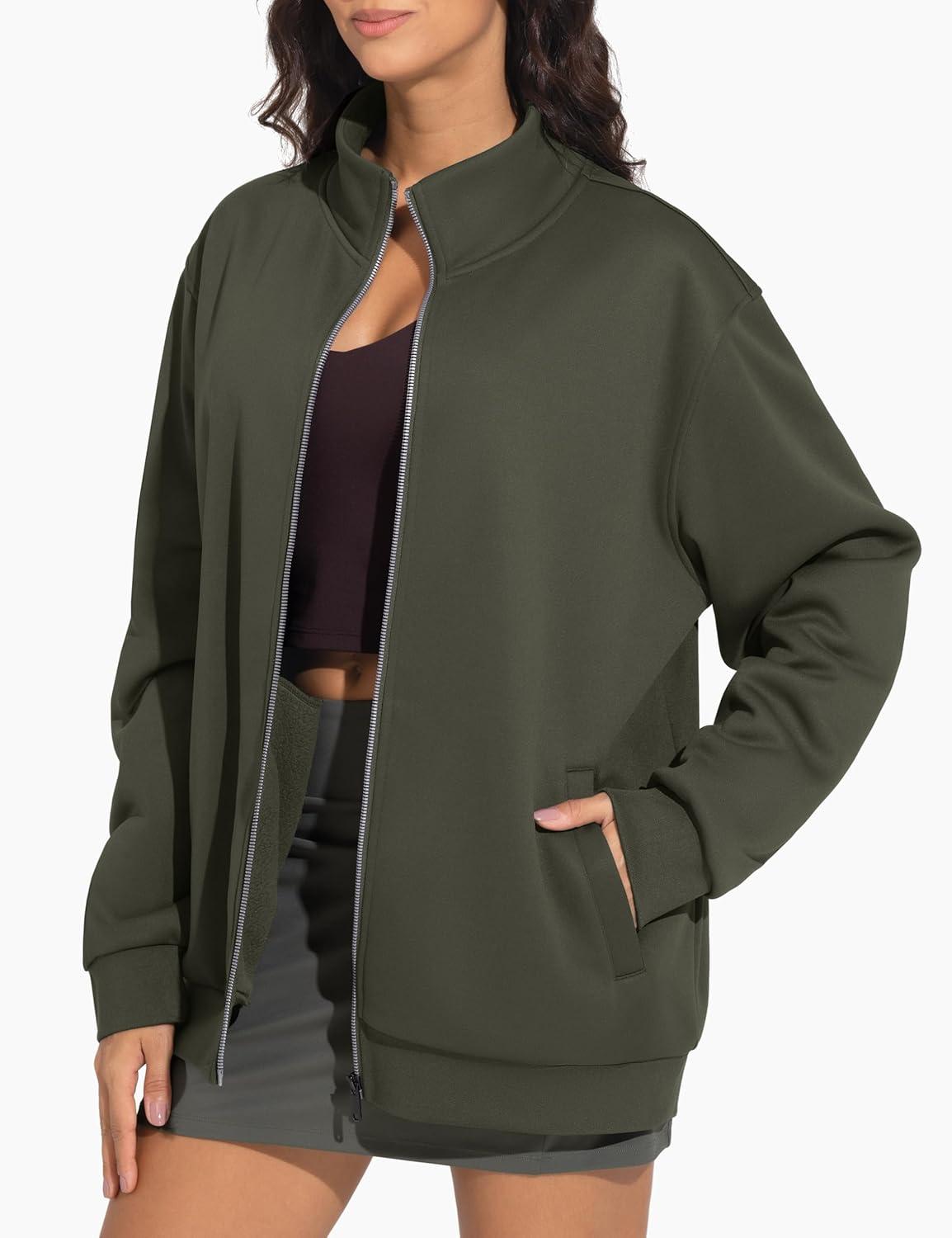 imageTHE GYM PEOPLE Womens Oversized Full Zip Up Sweatshirts Fleece Long Sleeves Stand Collar Workout Jacket with PocketsDark Brown