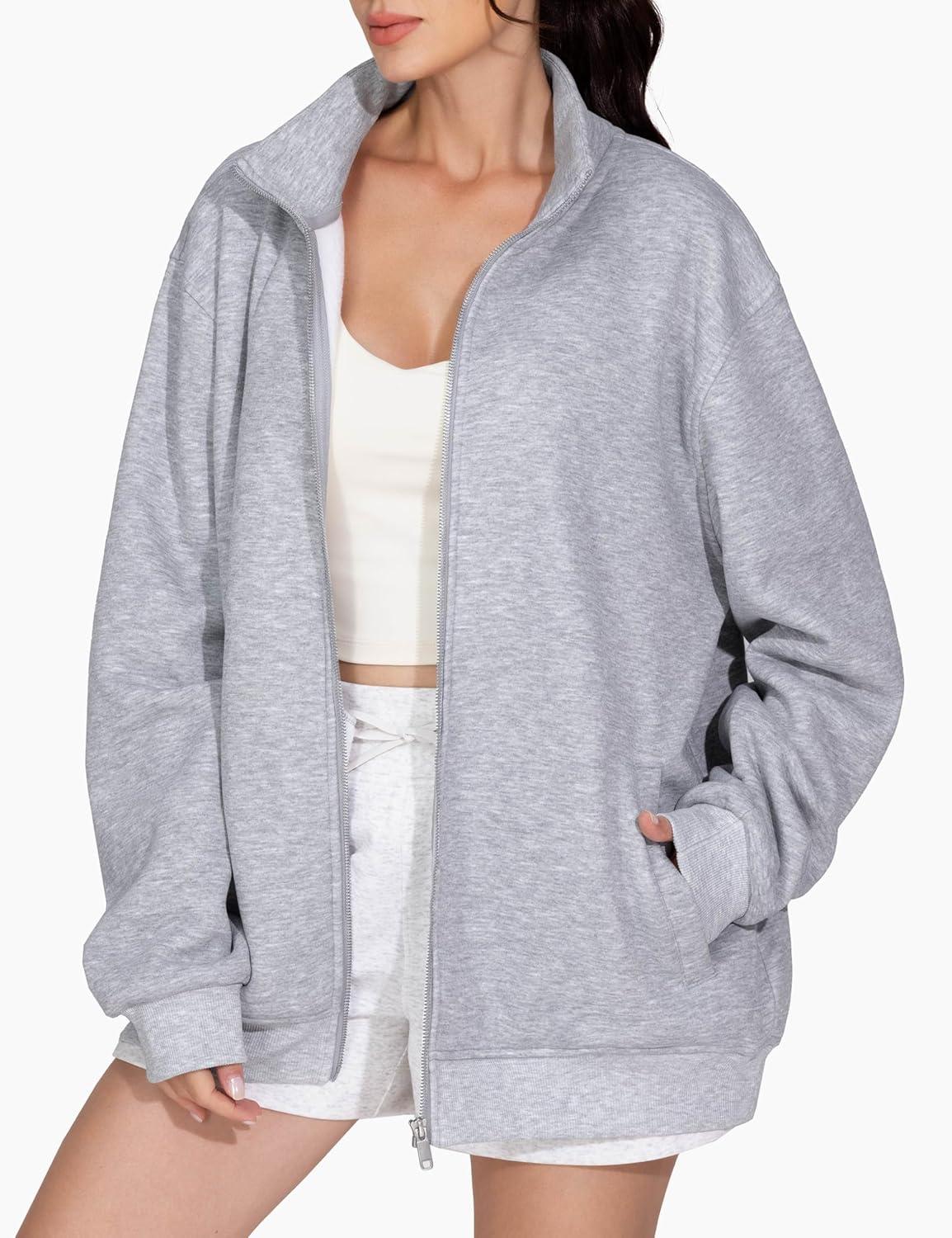 imageTHE GYM PEOPLE Womens Oversized Full Zip Up Sweatshirts Fleece Long Sleeves Stand Collar Workout Jacket with PocketsHeather Grey