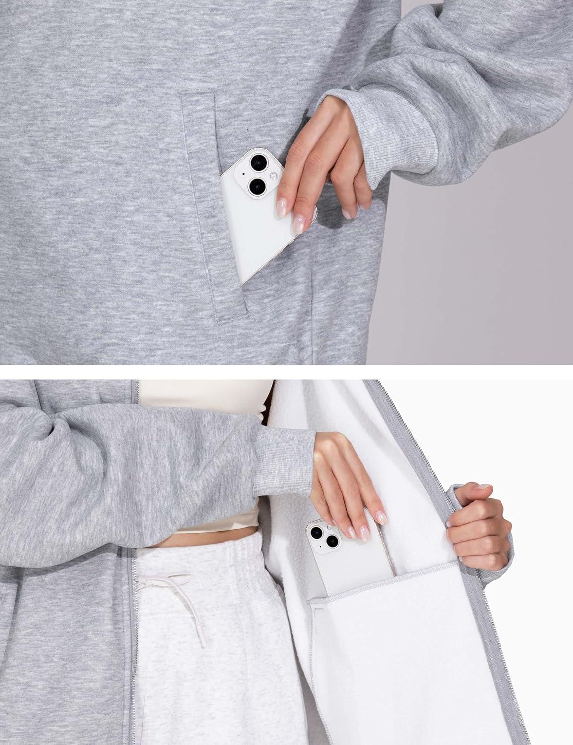 imageTHE GYM PEOPLE Womens Oversized Full Zip Up Sweatshirts Fleece Long Sleeves Stand Collar Workout Jacket with PocketsHeather Grey