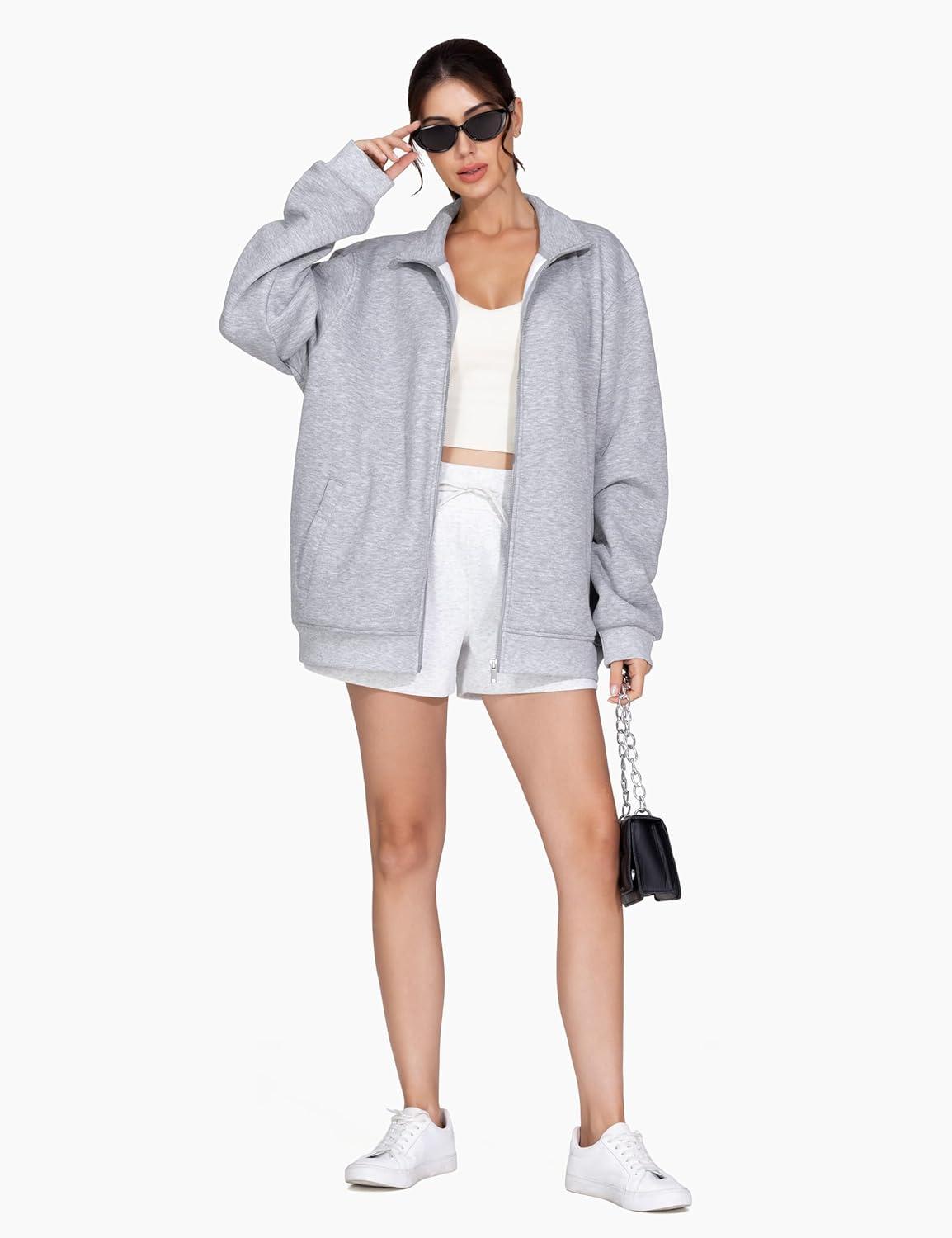 imageTHE GYM PEOPLE Womens Oversized Full Zip Up Sweatshirts Fleece Long Sleeves Stand Collar Workout Jacket with PocketsHeather Grey