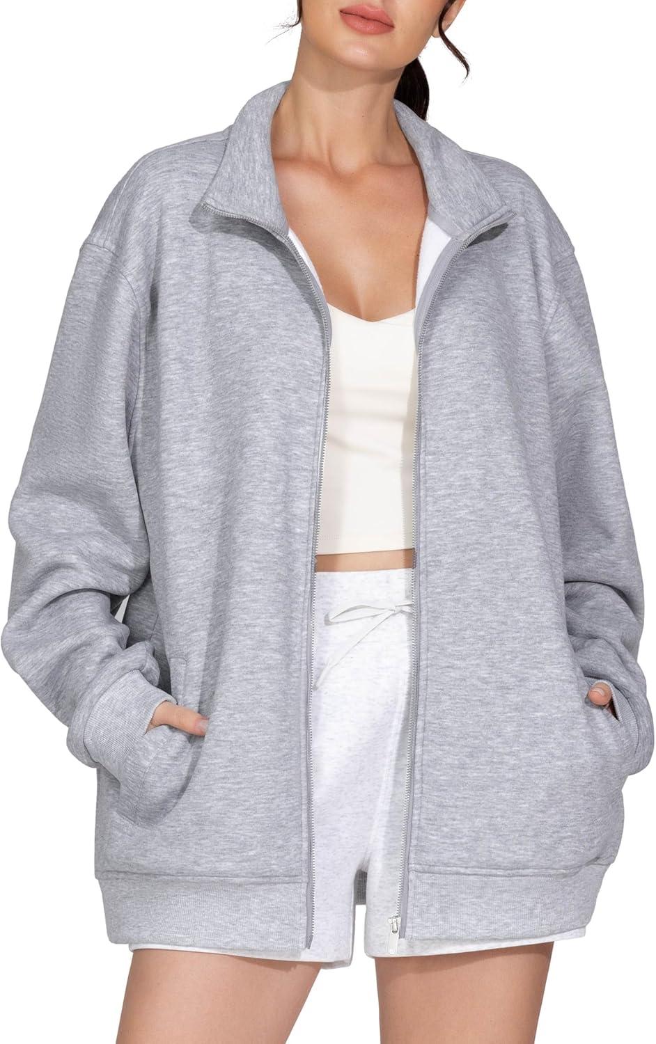 imageTHE GYM PEOPLE Womens Oversized Full Zip Up Sweatshirts Fleece Long Sleeves Stand Collar Workout Jacket with PocketsHeather Grey