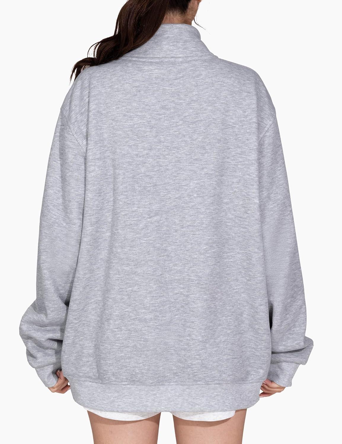 imageTHE GYM PEOPLE Womens Oversized Full Zip Up Sweatshirts Fleece Long Sleeves Stand Collar Workout Jacket with PocketsHeather Grey