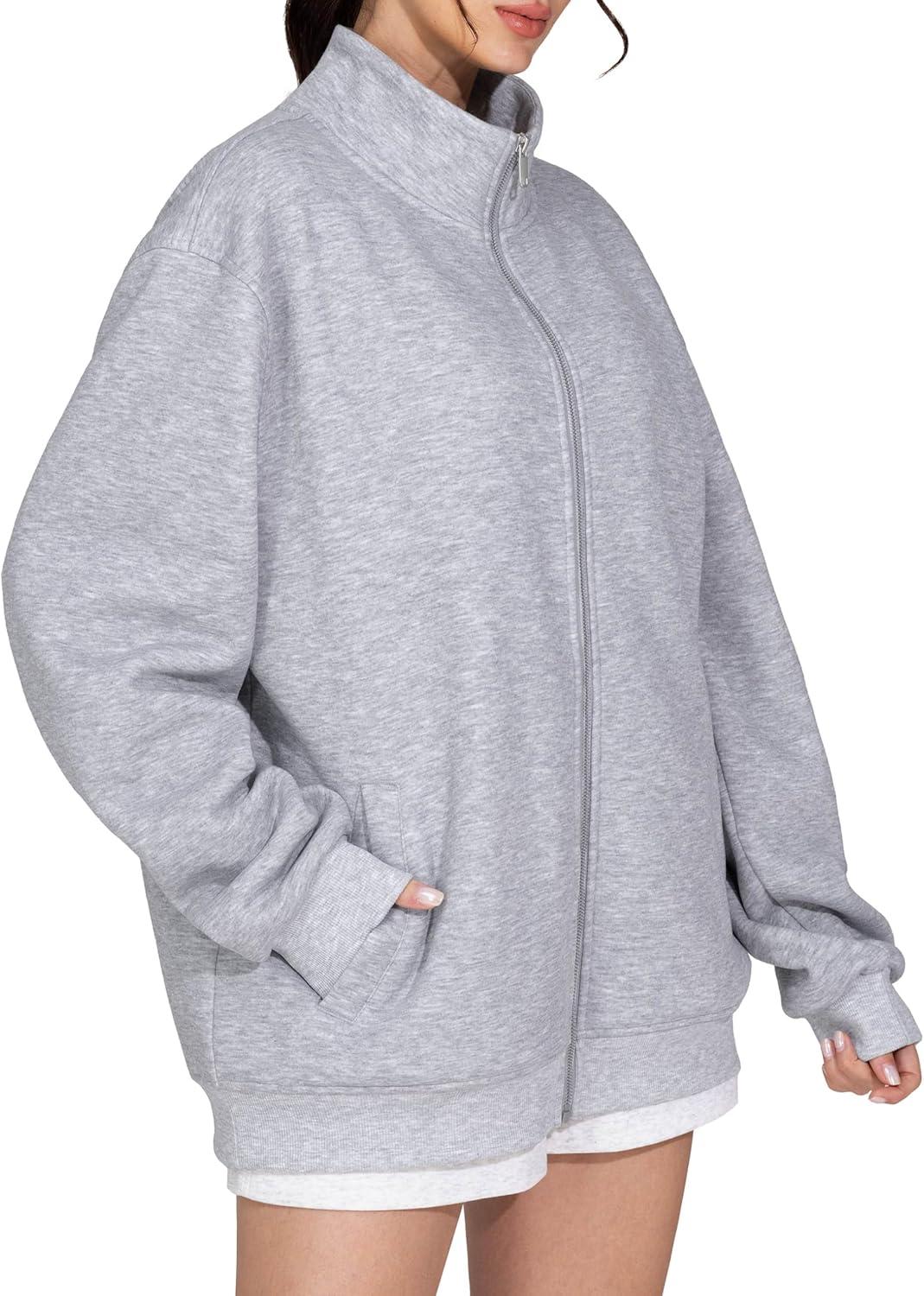 imageTHE GYM PEOPLE Womens Oversized Full Zip Up Sweatshirts Fleece Long Sleeves Stand Collar Workout Jacket with PocketsHeather Grey