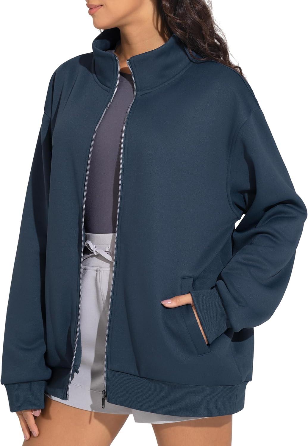 imageTHE GYM PEOPLE Womens Oversized Full Zip Up Sweatshirts Fleece Long Sleeves Stand Collar Workout Jacket with PocketsNavy Blue
