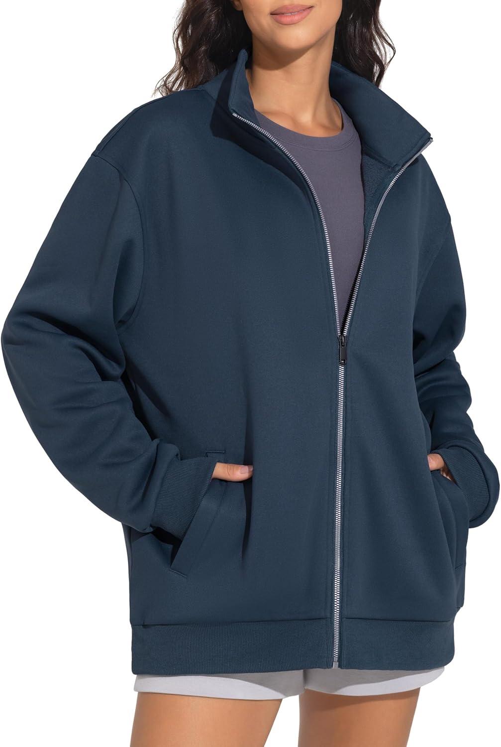imageTHE GYM PEOPLE Womens Oversized Full Zip Up Sweatshirts Fleece Long Sleeves Stand Collar Workout Jacket with PocketsNavy Blue