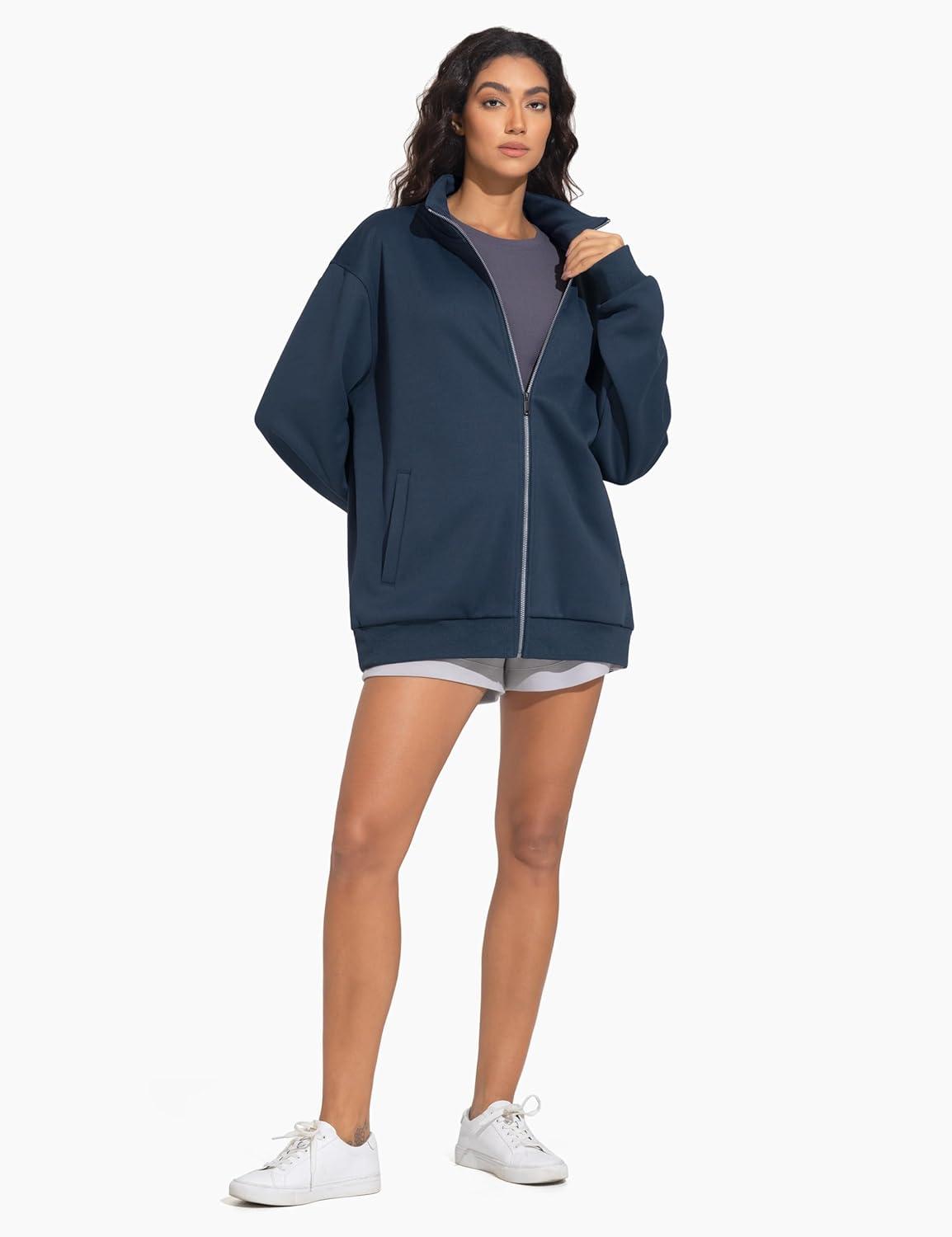 imageTHE GYM PEOPLE Womens Oversized Full Zip Up Sweatshirts Fleece Long Sleeves Stand Collar Workout Jacket with PocketsNavy Blue