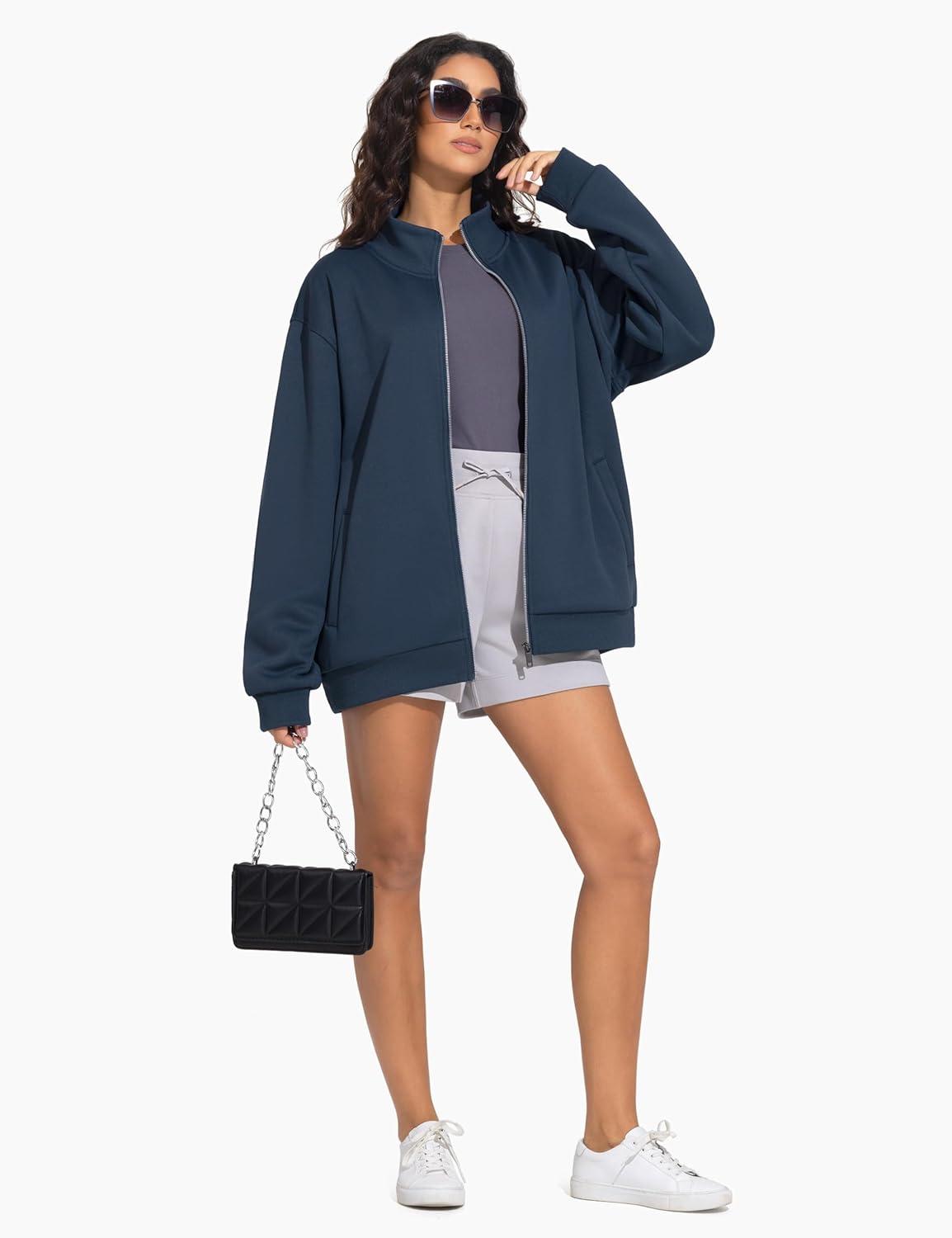 imageTHE GYM PEOPLE Womens Oversized Full Zip Up Sweatshirts Fleece Long Sleeves Stand Collar Workout Jacket with PocketsNavy Blue