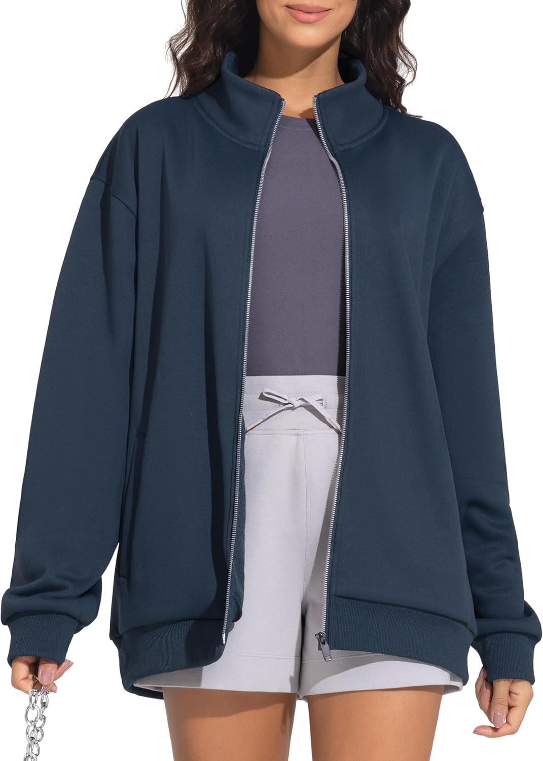imageTHE GYM PEOPLE Womens Oversized Full Zip Up Sweatshirts Fleece Long Sleeves Stand Collar Workout Jacket with PocketsNavy Blue