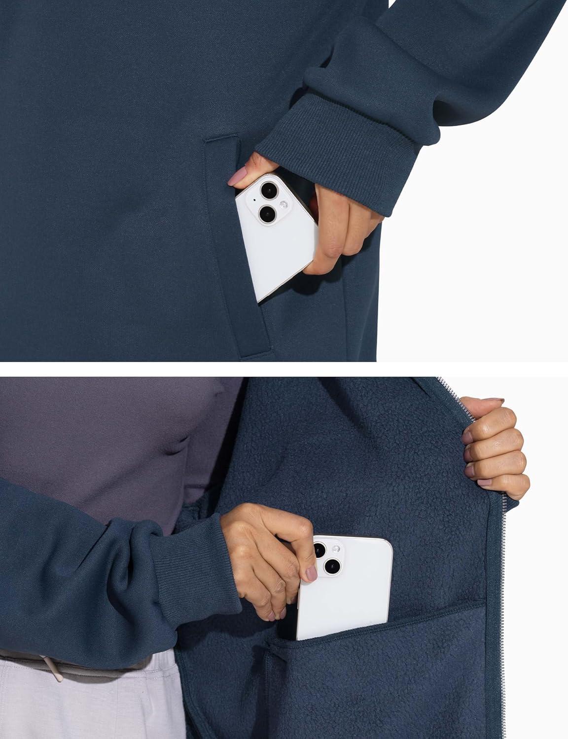 imageTHE GYM PEOPLE Womens Oversized Full Zip Up Sweatshirts Fleece Long Sleeves Stand Collar Workout Jacket with PocketsNavy Blue