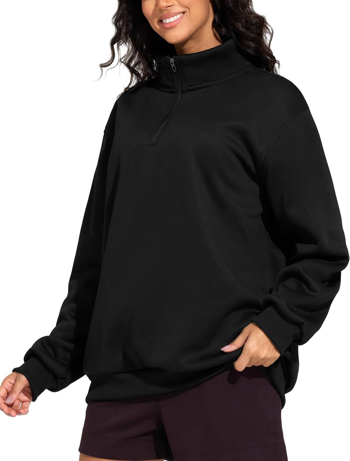 imageTHE GYM PEOPLE Womens Oversized Sweatshirt Half Zip Fleece Pullover Long Sleeve Workout TopsBlack