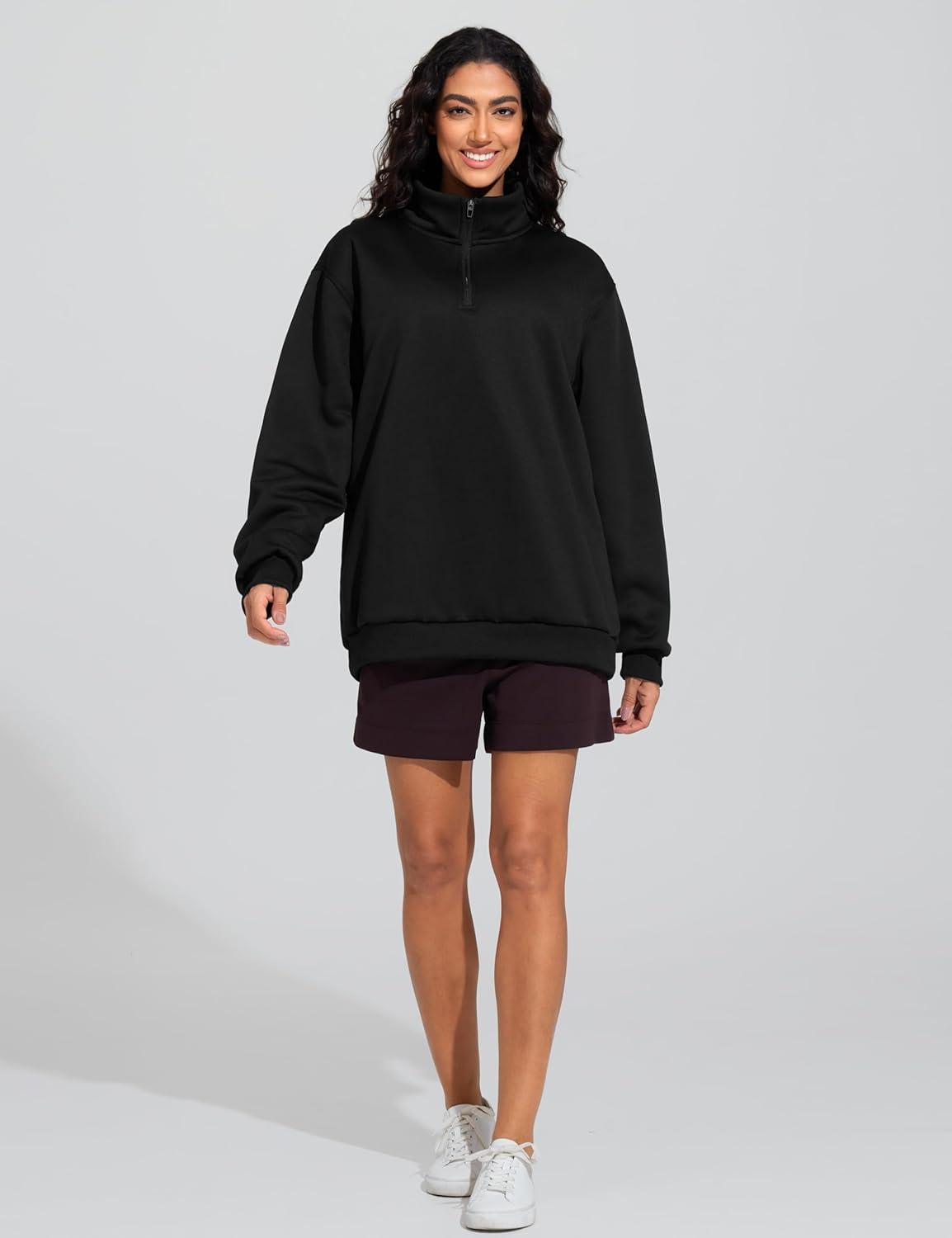 imageTHE GYM PEOPLE Womens Oversized Sweatshirt Half Zip Fleece Pullover Long Sleeve Workout TopsBlack