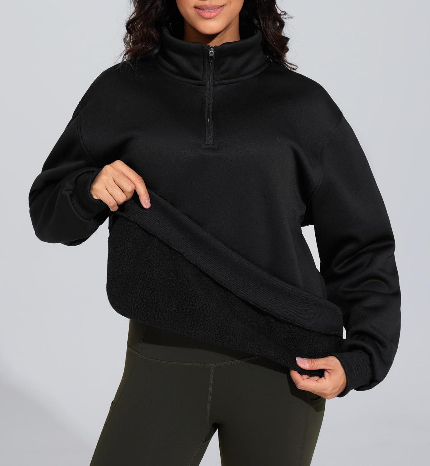 imageTHE GYM PEOPLE Womens Oversized Sweatshirt Half Zip Fleece Pullover Long Sleeve Workout TopsBlack