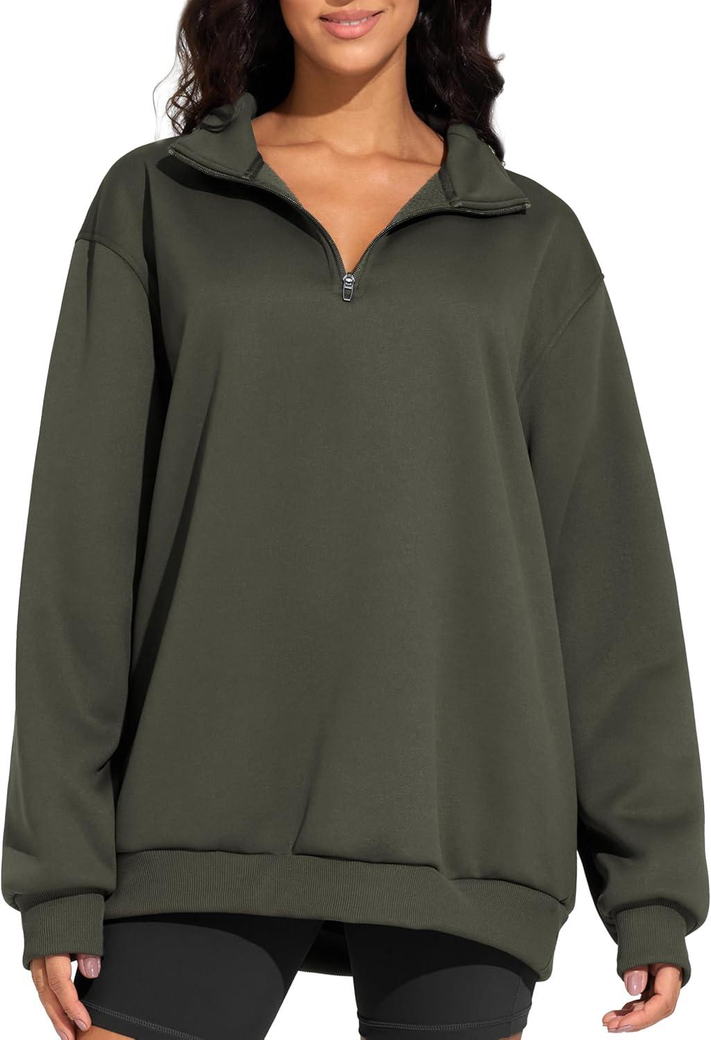 imageTHE GYM PEOPLE Womens Oversized Sweatshirt Half Zip Fleece Pullover Long Sleeve Workout TopsDark Brown