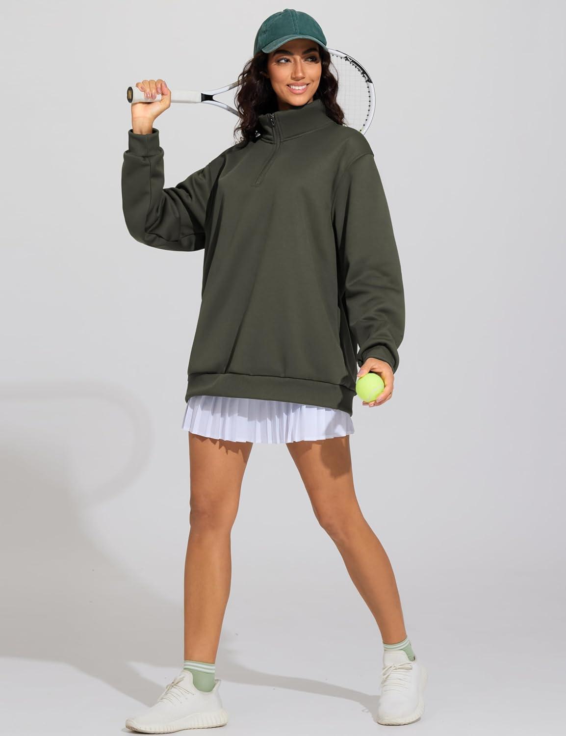 imageTHE GYM PEOPLE Womens Oversized Sweatshirt Half Zip Fleece Pullover Long Sleeve Workout TopsDark Brown