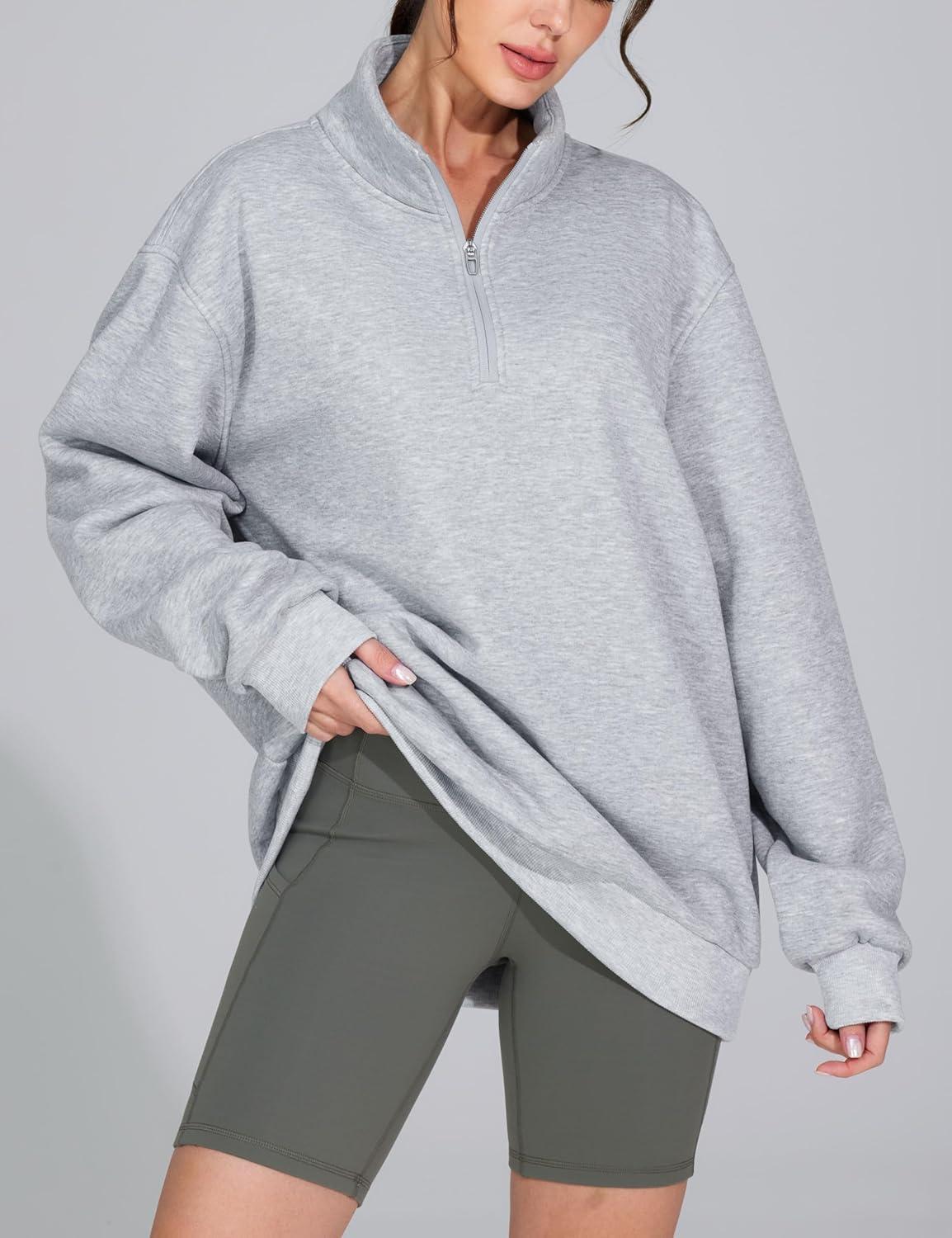 imageTHE GYM PEOPLE Womens Oversized Sweatshirt Half Zip Fleece Pullover Long Sleeve Workout TopsHeather Grey