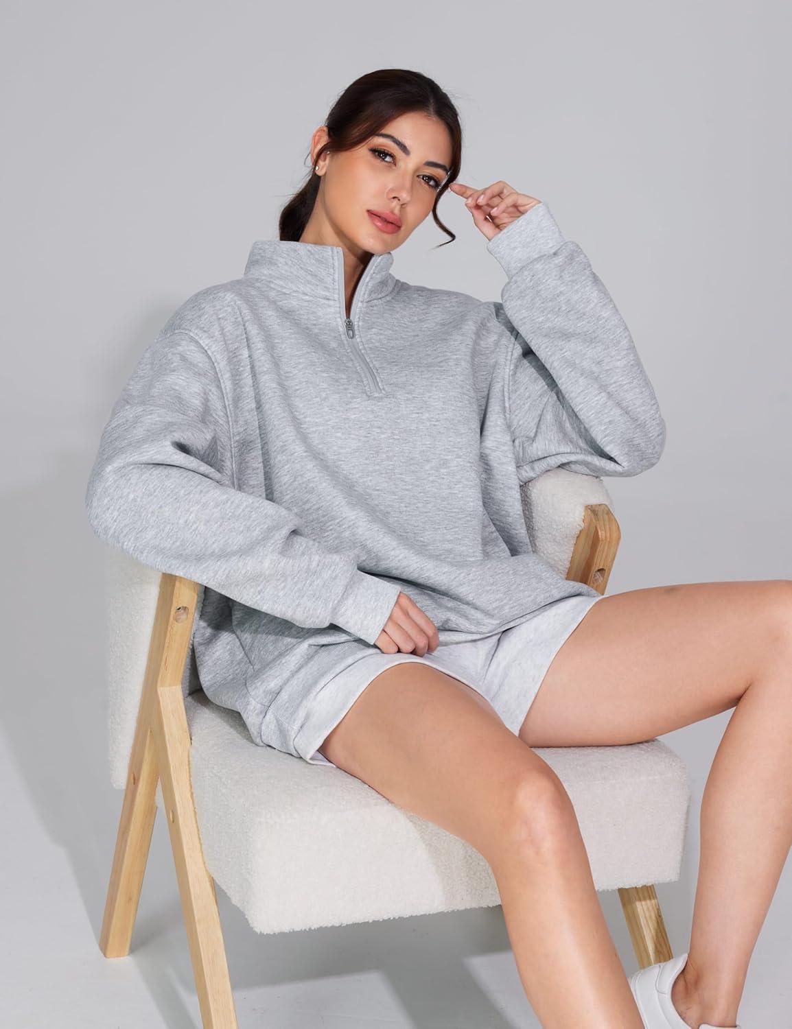 imageTHE GYM PEOPLE Womens Oversized Sweatshirt Half Zip Fleece Pullover Long Sleeve Workout TopsHeather Grey
