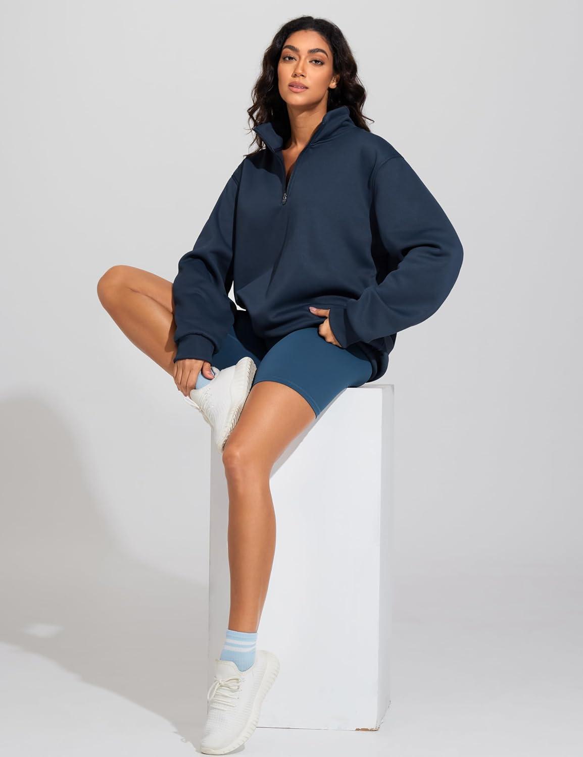 imageTHE GYM PEOPLE Womens Oversized Sweatshirt Half Zip Fleece Pullover Long Sleeve Workout TopsNavy Blue