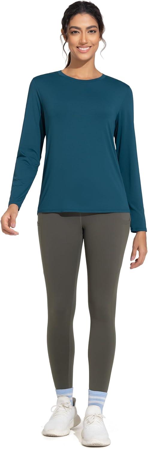 imageTHE GYM PEOPLE Womens Ultra Soft Long Sleeve Workout Shirts Basic Crewneck Athletic Running TopsDark Blue Green