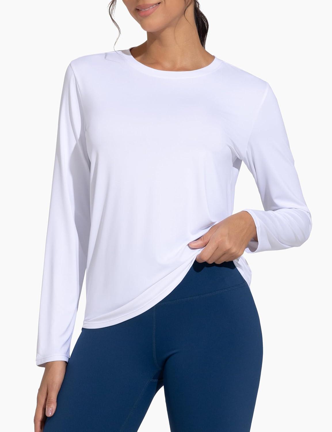 imageTHE GYM PEOPLE Womens Ultra Soft Long Sleeve Workout Shirts Basic Crewneck Athletic Running TopsWhite