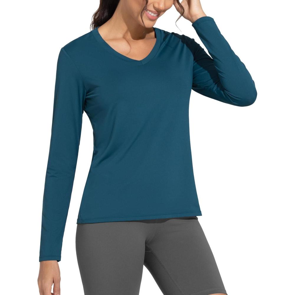 imageTHE GYM PEOPLE Womens Long Sleeve Workout Shirts VNeck Lightweight Basic Athletic TopsDark Blue Green