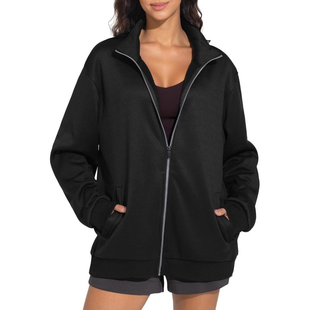imageTHE GYM PEOPLE Womens Oversized Full Zip Up Sweatshirts Fleece Long Sleeves Stand Collar Workout Jacket with PocketsBlack