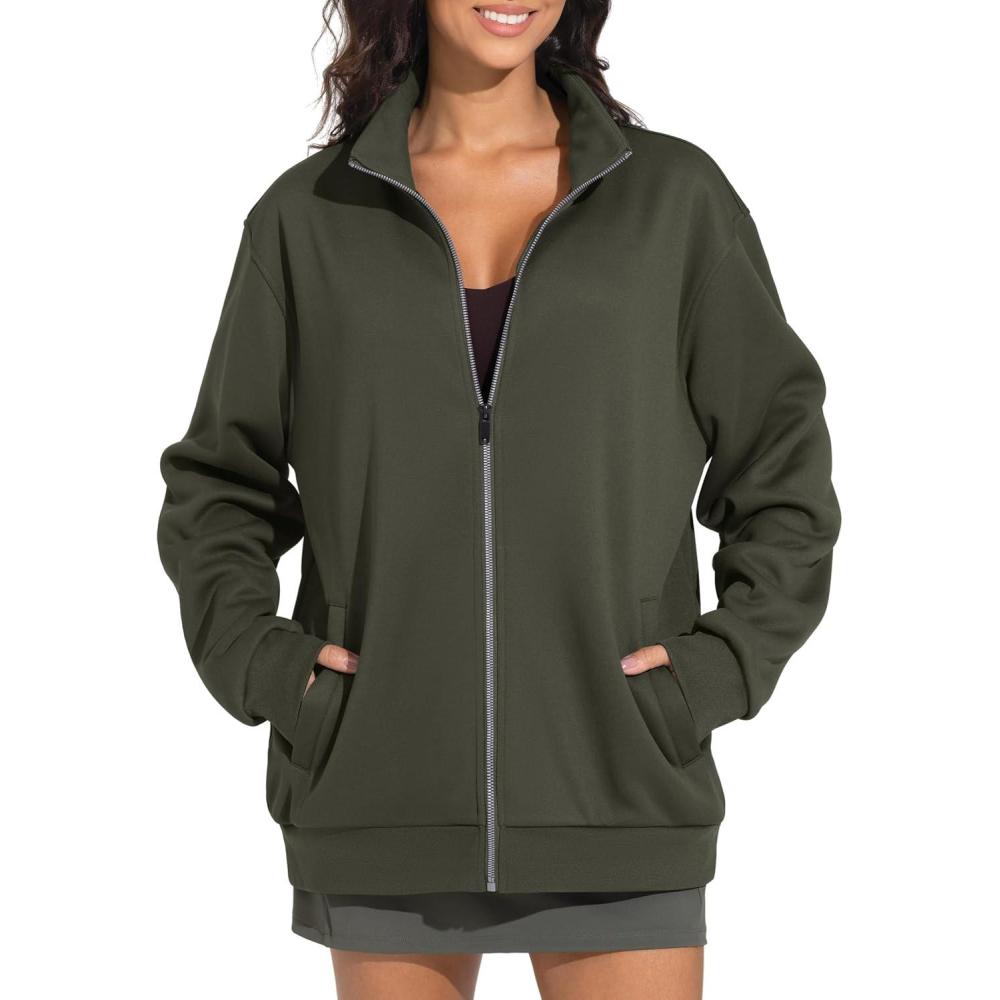 imageTHE GYM PEOPLE Womens Oversized Full Zip Up Sweatshirts Fleece Long Sleeves Stand Collar Workout Jacket with PocketsDark Brown
