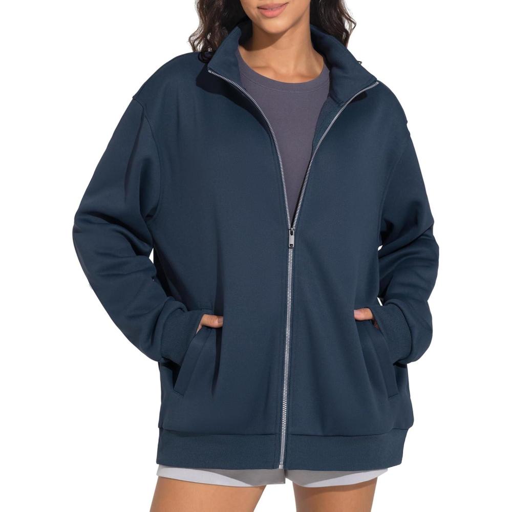 imageTHE GYM PEOPLE Womens Oversized Full Zip Up Sweatshirts Fleece Long Sleeves Stand Collar Workout Jacket with PocketsNavy Blue