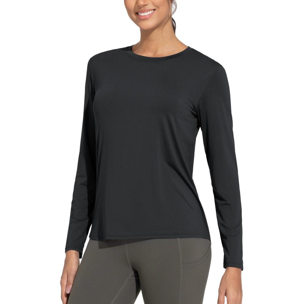imageTHE GYM PEOPLE Womens Ultra Soft Long Sleeve Workout Shirts Basic Crewneck Athletic Running TopsBlack