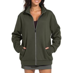 imageTHE GYM PEOPLE Womens Oversized Full Zip Up Sweatshirts Fleece Long Sleeves Stand Collar Workout Jacket with PocketsDark Brown