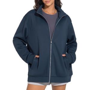 imageTHE GYM PEOPLE Womens Oversized Full Zip Up Sweatshirts Fleece Long Sleeves Stand Collar Workout Jacket with PocketsNavy Blue