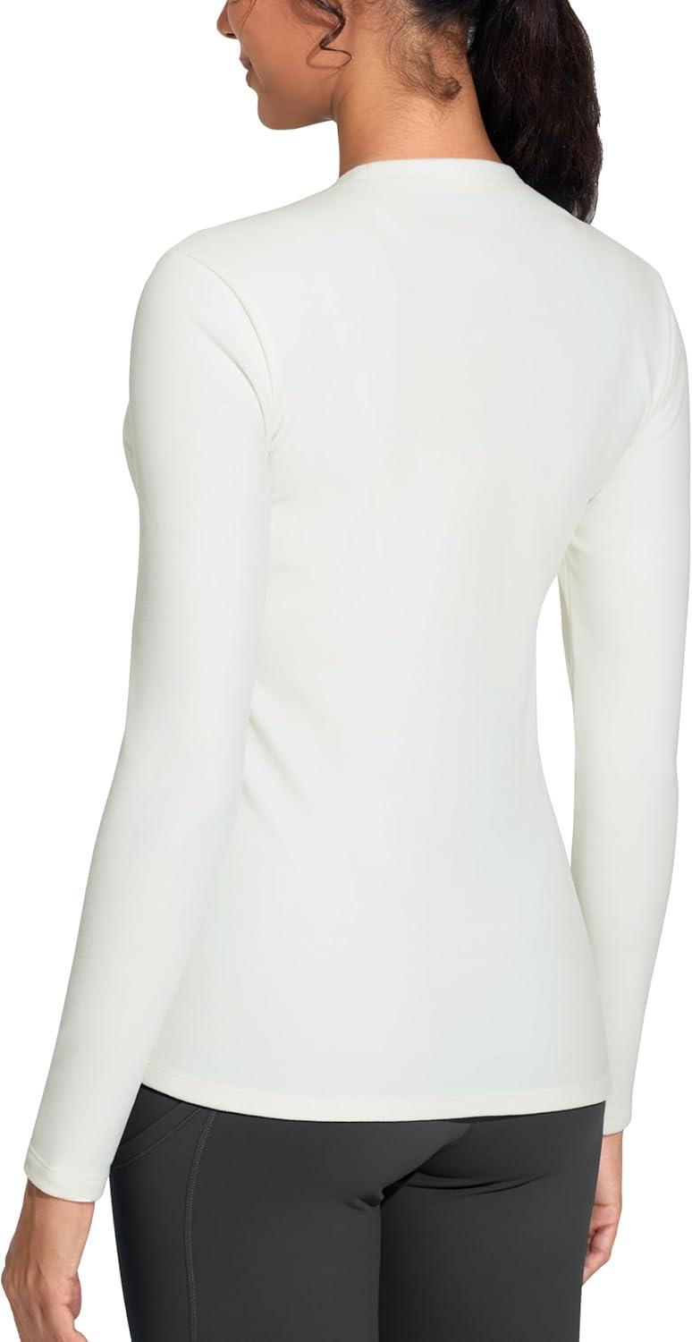 imageTHE GYM PEOPLE Womens Crew Neck Thermal Fleece Shirts Slim Fit Long Sleeves Underwear Basic Pullover TopsBeige