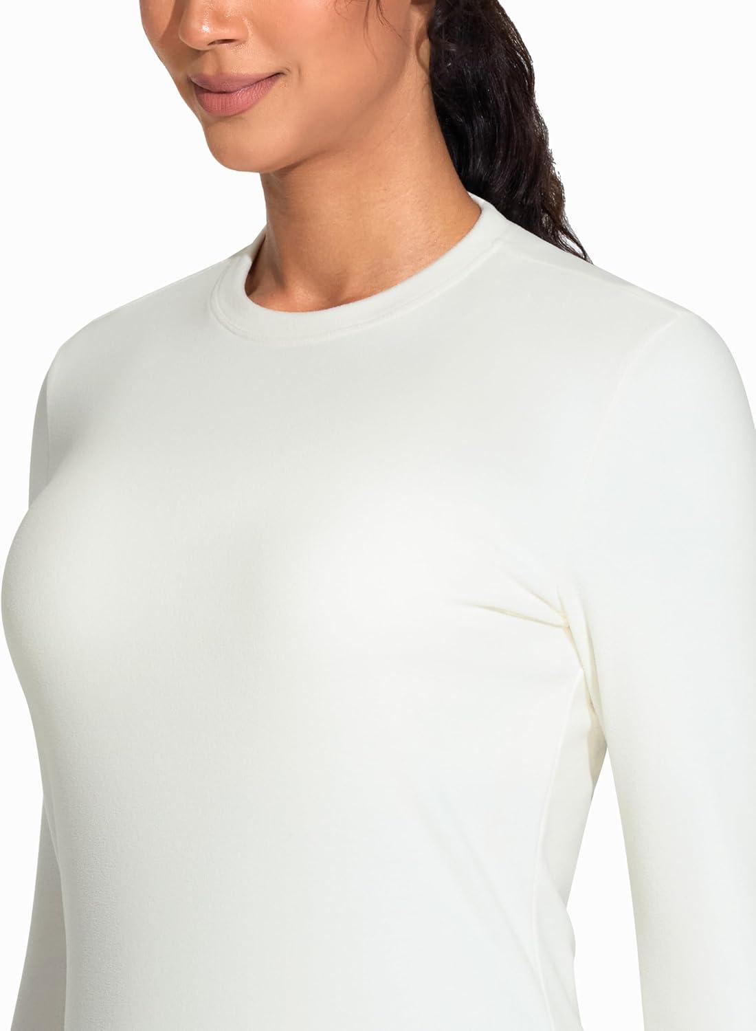 imageTHE GYM PEOPLE Womens Crew Neck Thermal Fleece Shirts Slim Fit Long Sleeves Underwear Basic Pullover TopsBeige