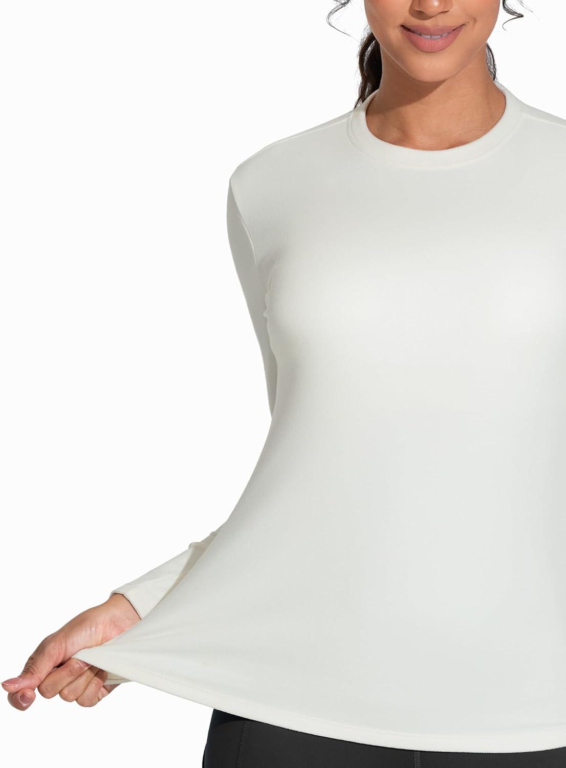 imageTHE GYM PEOPLE Womens Crew Neck Thermal Fleece Shirts Slim Fit Long Sleeves Underwear Basic Pullover TopsBeige