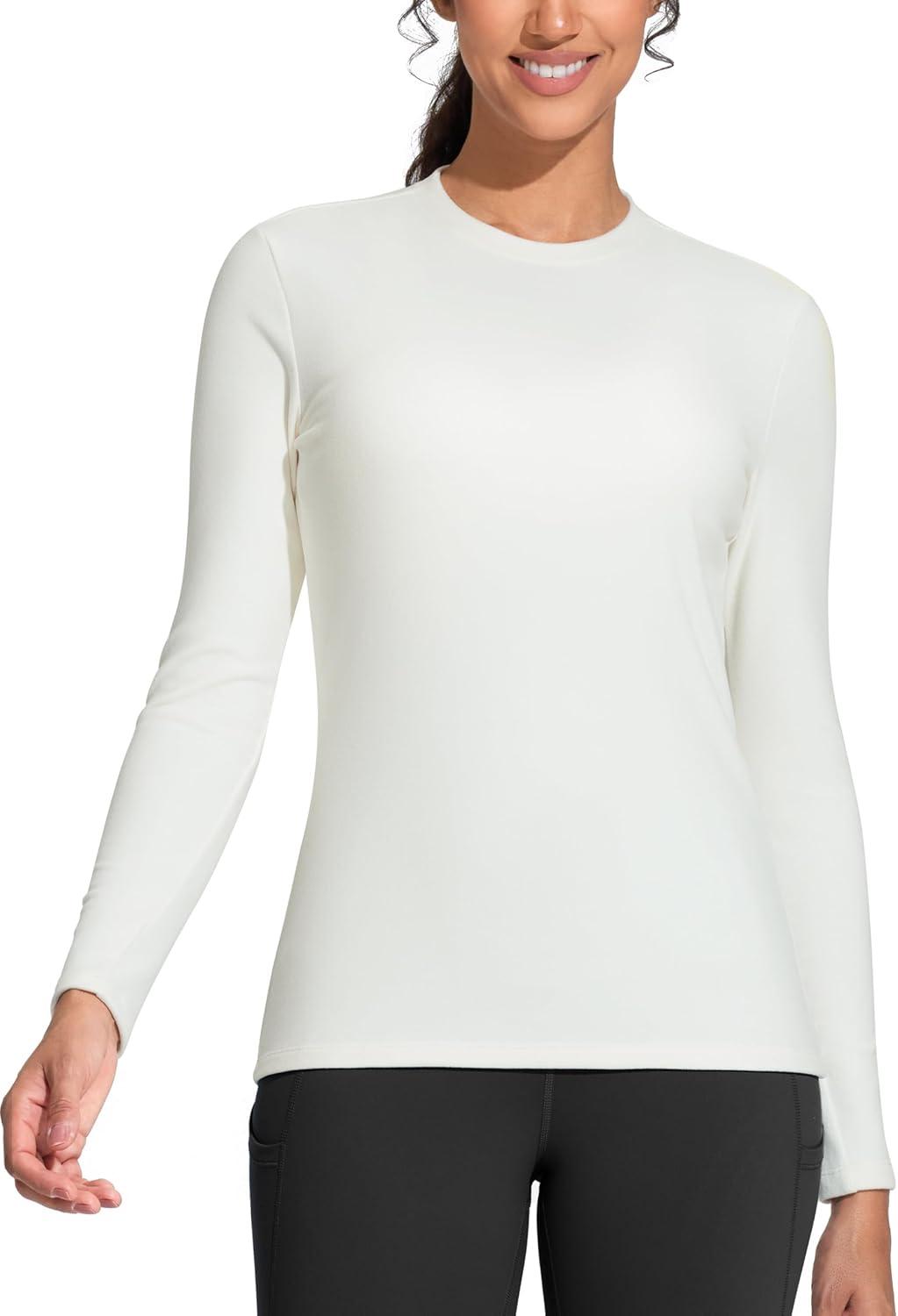 imageTHE GYM PEOPLE Womens Crew Neck Thermal Fleece Shirts Slim Fit Long Sleeves Underwear Basic Pullover TopsBeige