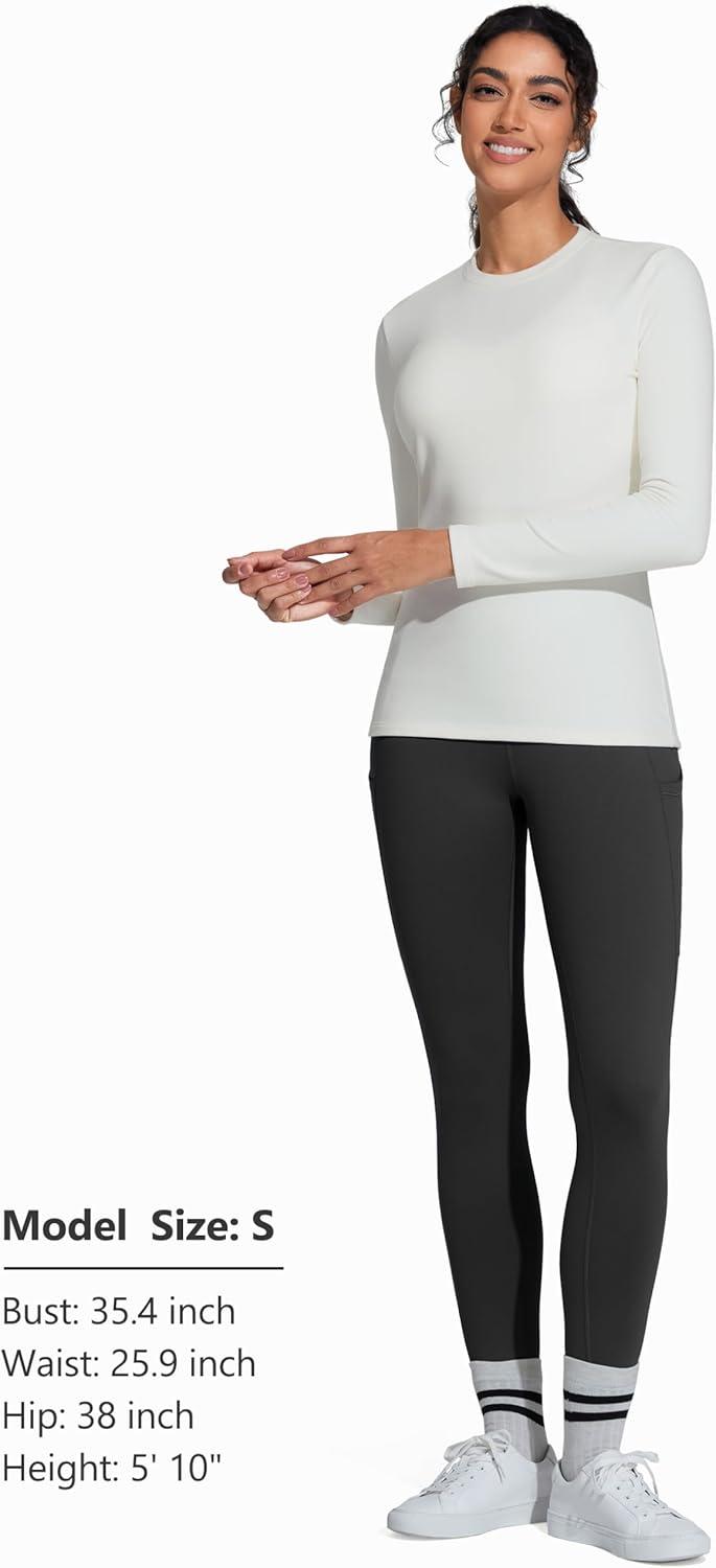 imageTHE GYM PEOPLE Womens Crew Neck Thermal Fleece Shirts Slim Fit Long Sleeves Underwear Basic Pullover TopsBeige